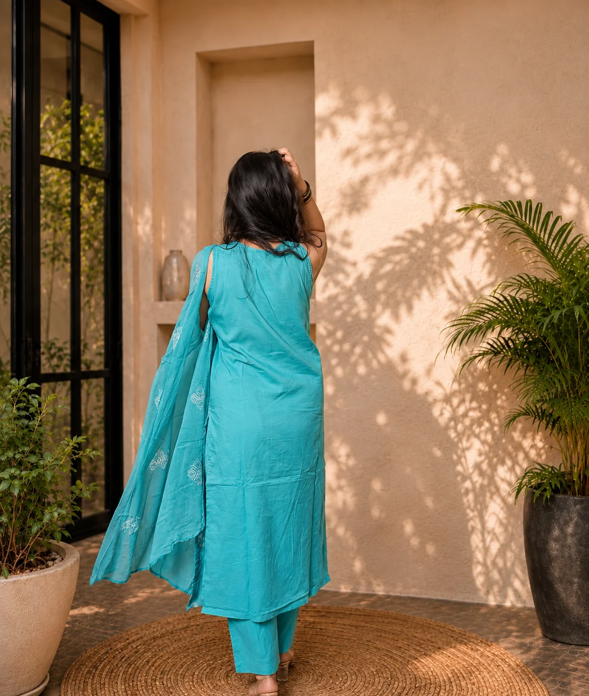 Sky Blue Embroidered Cotton Suit Set with Dupatta - Image 2