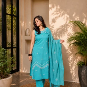 Sky blue embroidered suit set for women with dupatta