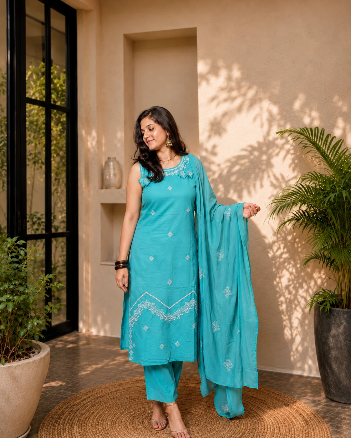 Sky blue embroidered suit set for women with dupatta