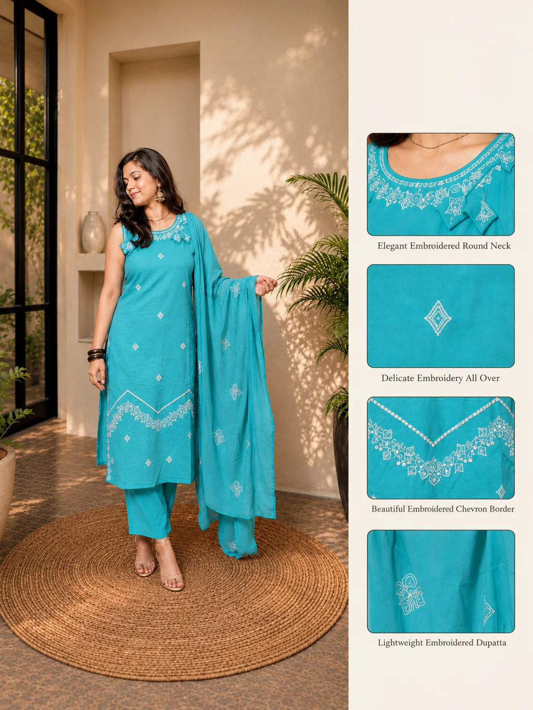Sky Blue Embroidered Cotton Suit Set with Dupatta - Image 3