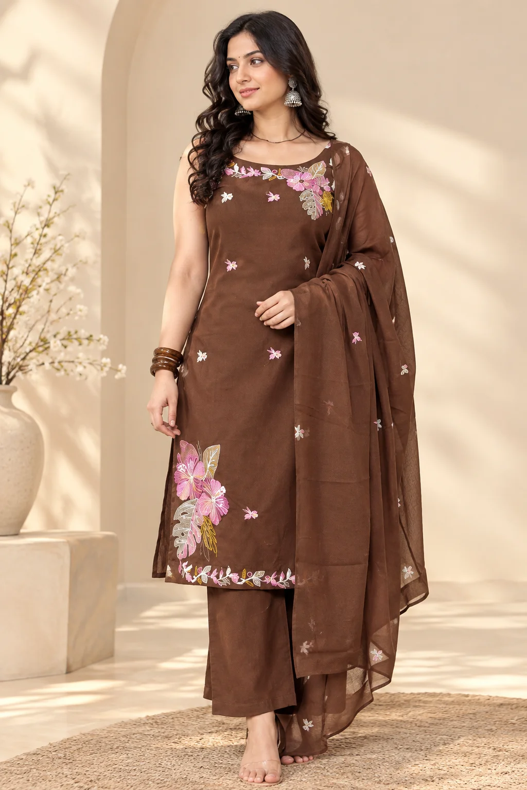 Brown Embroidered Kurta Neck Detail