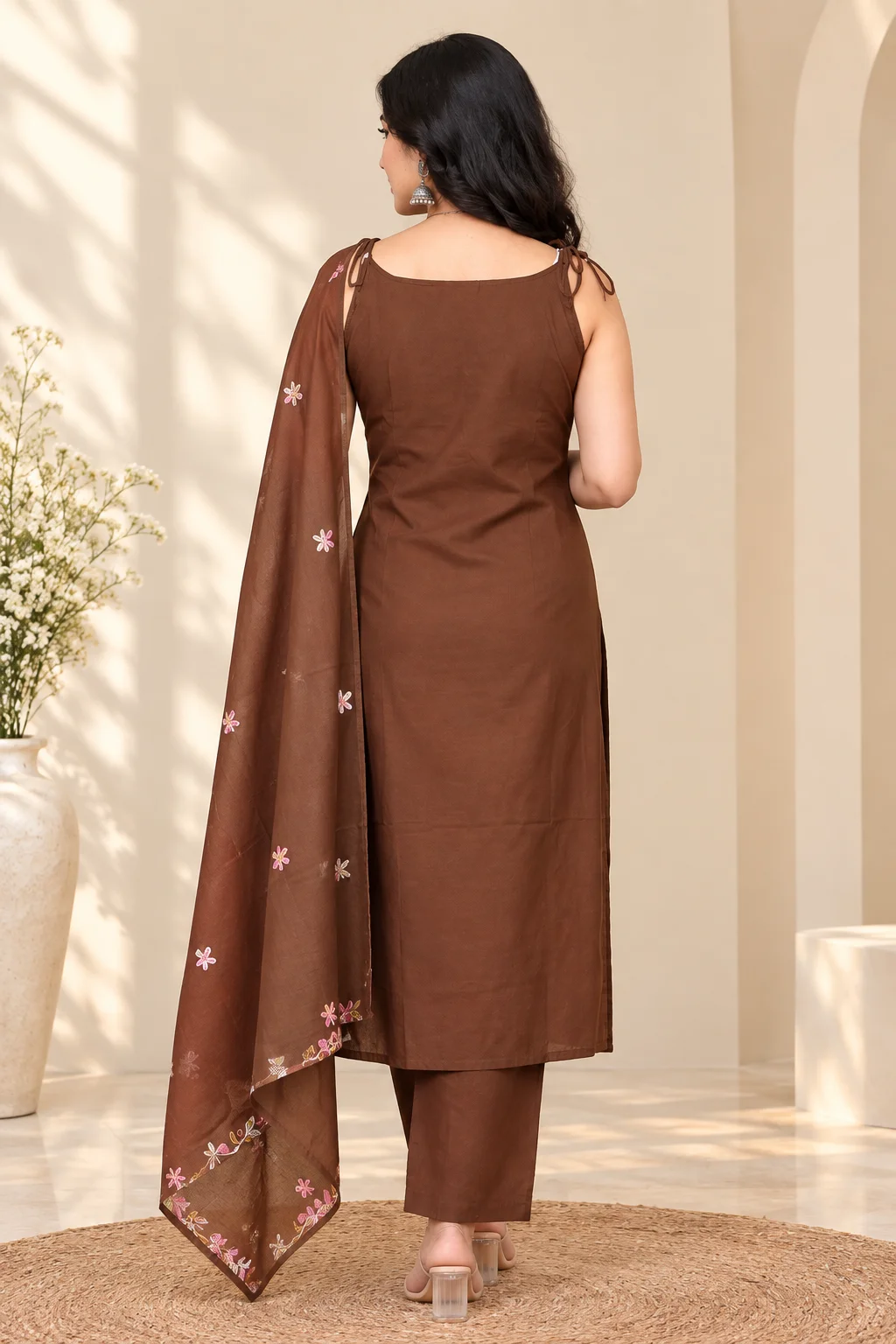 Brown Embroidered Kurta Neck Detail
