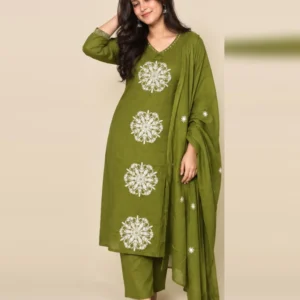 Women’s olive green embroidered kurta pant set with dupatta
