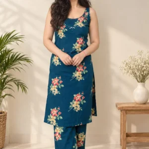 Navy blue floral printed kurta pant set for women