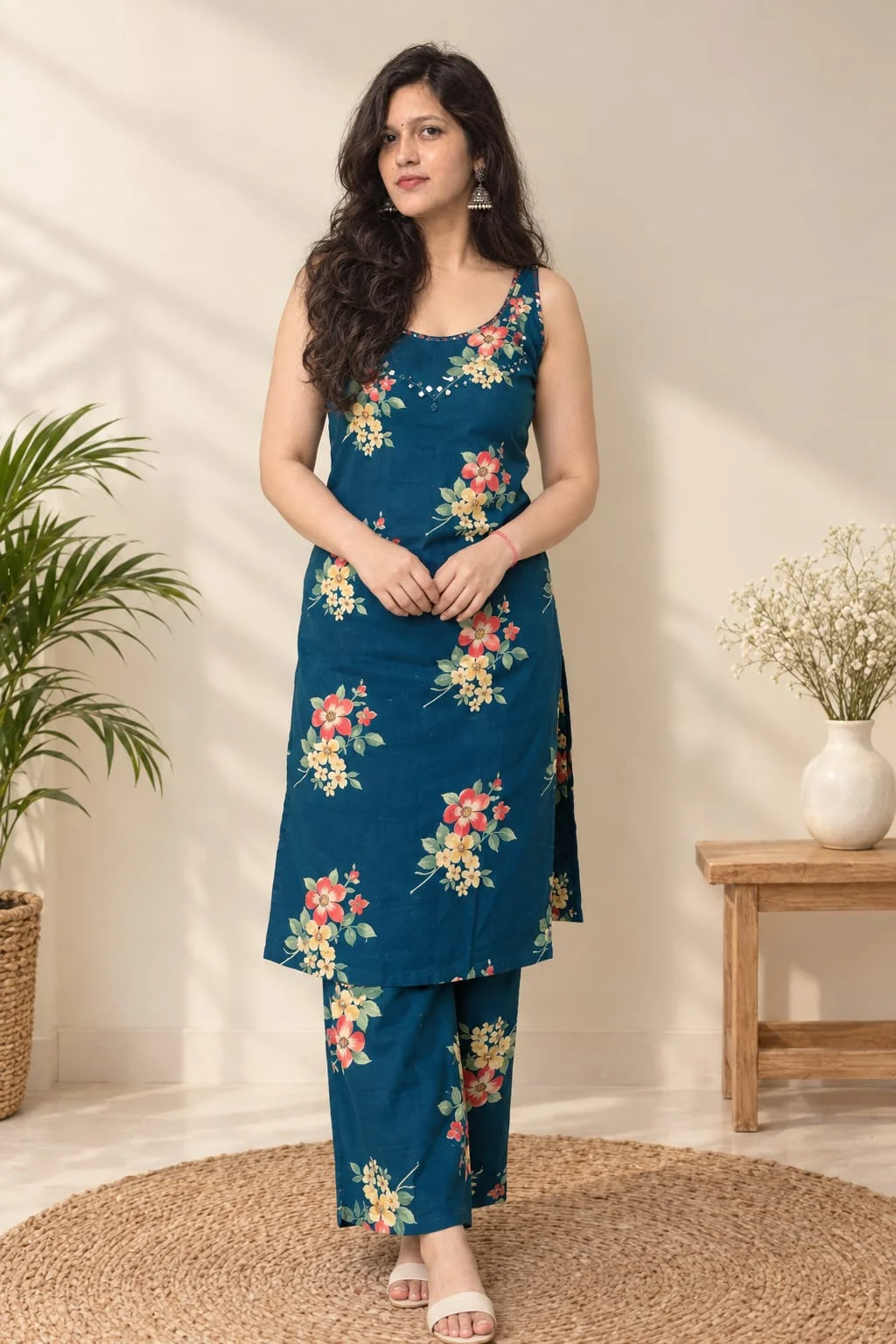 Navy blue floral printed kurta pant set for women