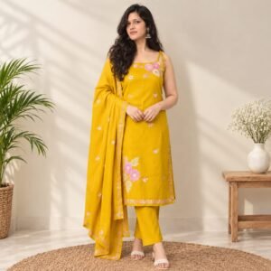Mustard yellow floral embroidered suit set for women