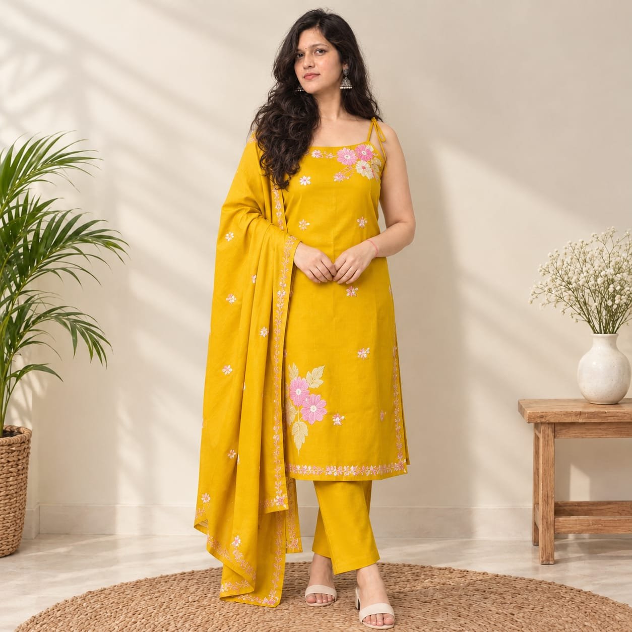 Mustard yellow floral embroidered suit set for women