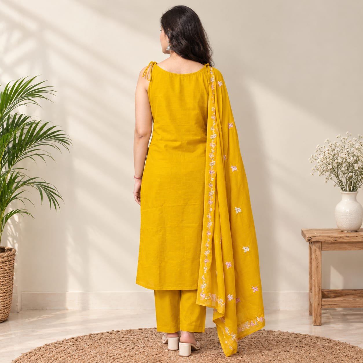 Mustard Yellow Floral Embroidered Suit Set - Image 3