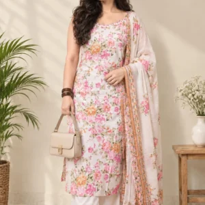 Ivory pink floral printed suit set for women