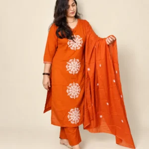 Orange cotton embroidered kurta pant set with dupatta for women