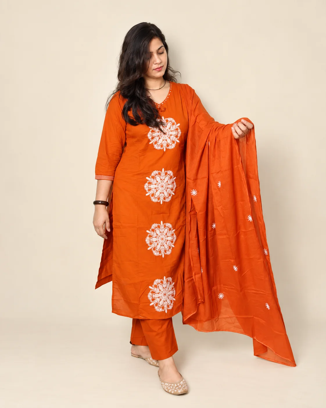 Orange cotton embroidered kurta pant set with dupatta for women