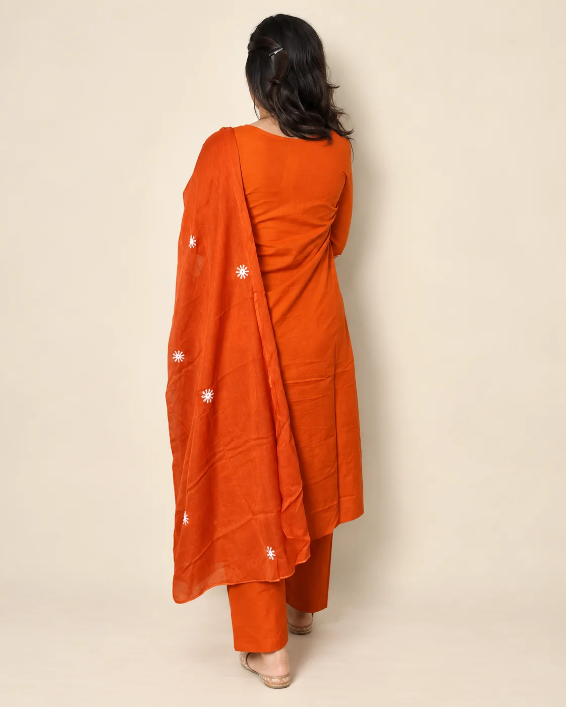 Women’s Orange Cotton Embroidered Kurta Pant Set with Dupatta - Image 2
