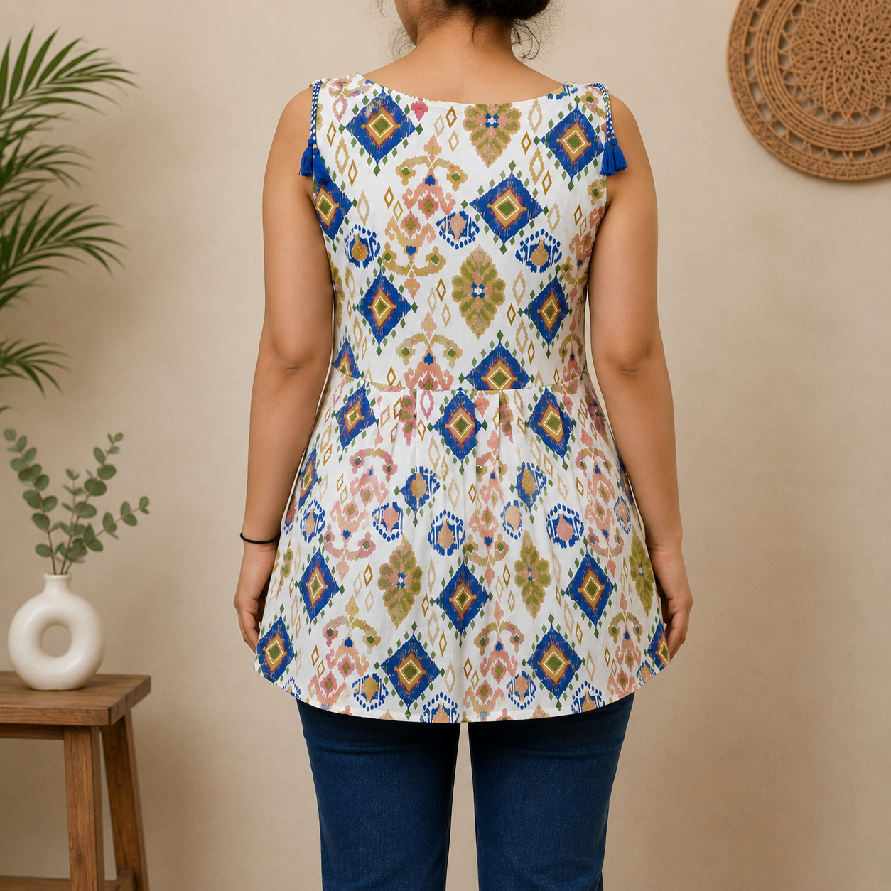 Women’s Multicolor Ethnic Printed Short Kurti with Shoulder Tassels | Sleeveless Flared Tunic - Image 3
