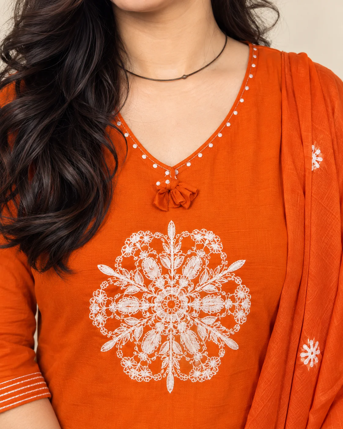 Women’s Orange Cotton Embroidered Kurta Pant Set with Dupatta - Image 3
