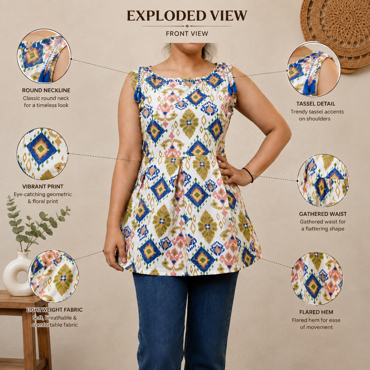 Women’s Multicolor Ethnic Printed Short Kurti with Shoulder Tassels | Sleeveless Flared Tunic - Image 4