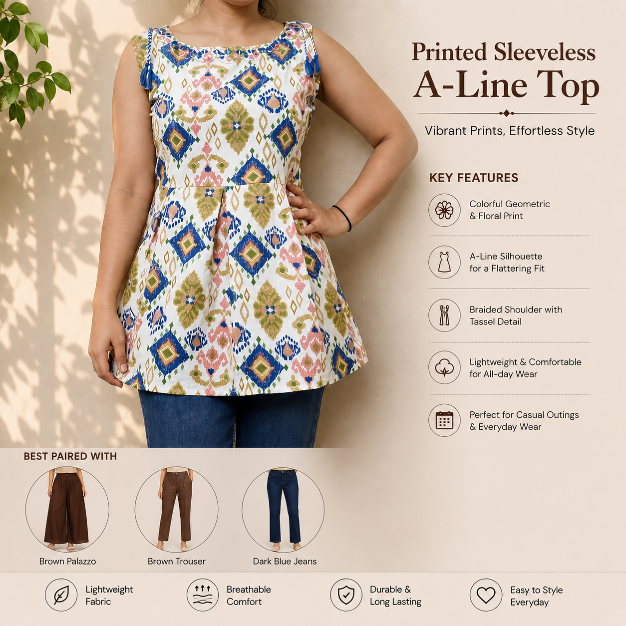 Women’s Multicolor Ethnic Printed Short Kurti with Shoulder Tassels | Sleeveless Flared Tunic - Image 2