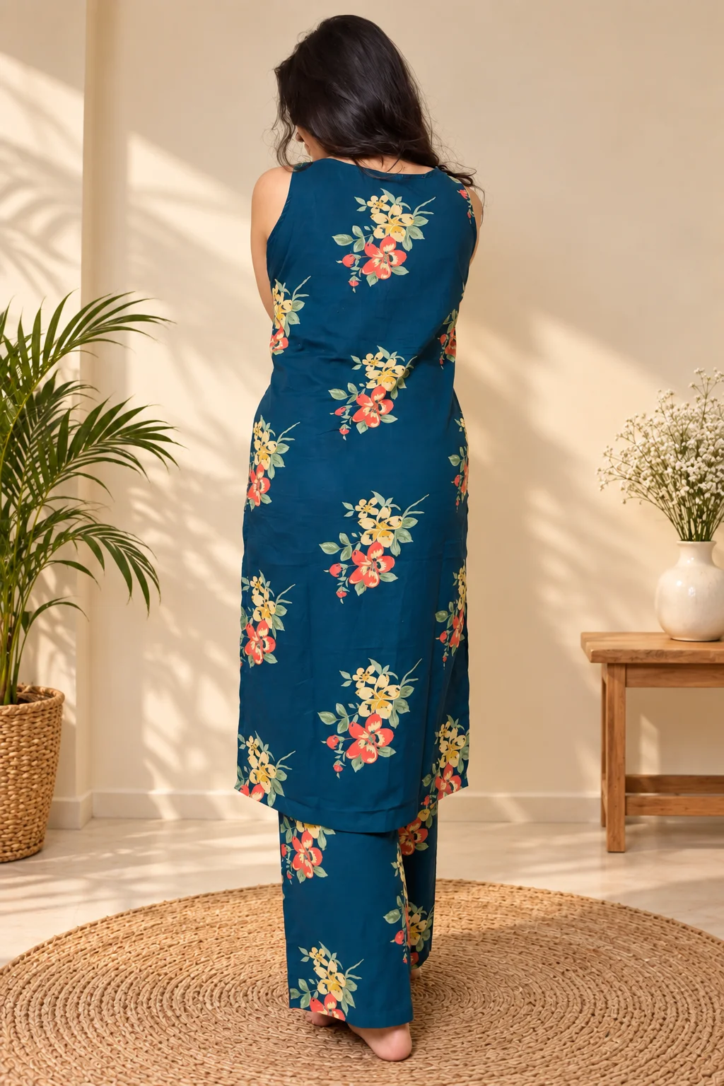 Teal Blue Floral Kurta Set - Image 2