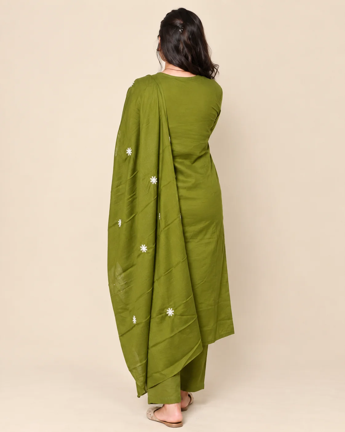 Women’s Olive Green Embroidered Kurta Pant Set with Dupatta - Image 2