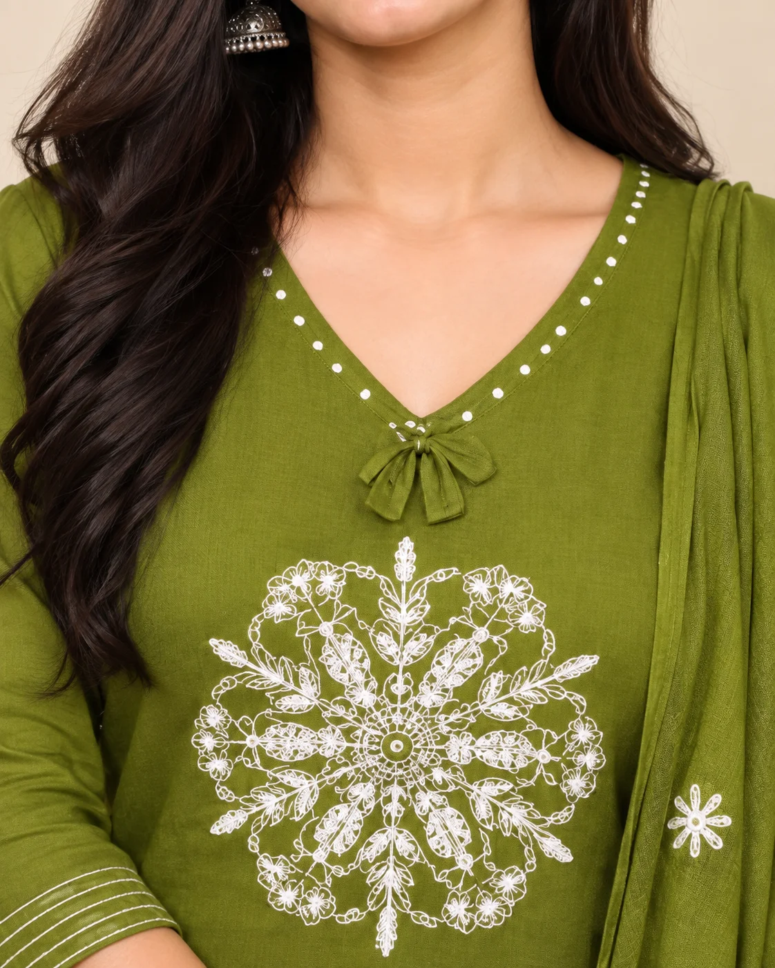 Women’s Olive Green Embroidered Kurta Pant Set with Dupatta - Image 3