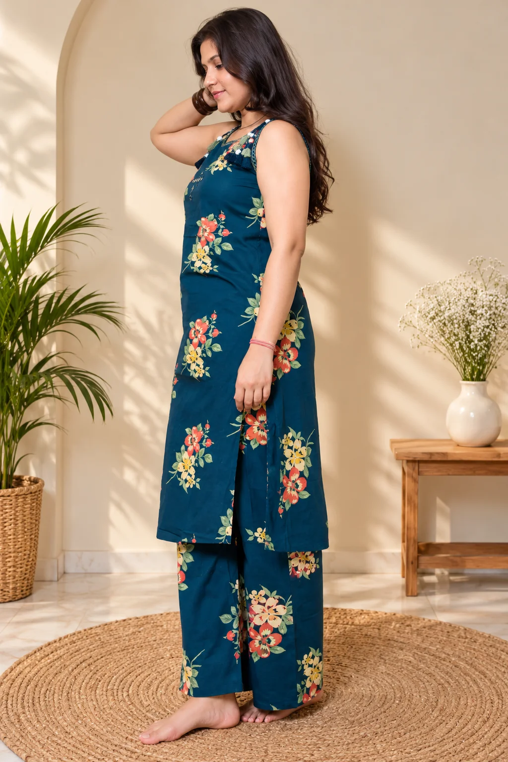 Teal Blue Floral Kurta Set - Image 3
