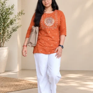 Rust orange embroidered short kurti for women