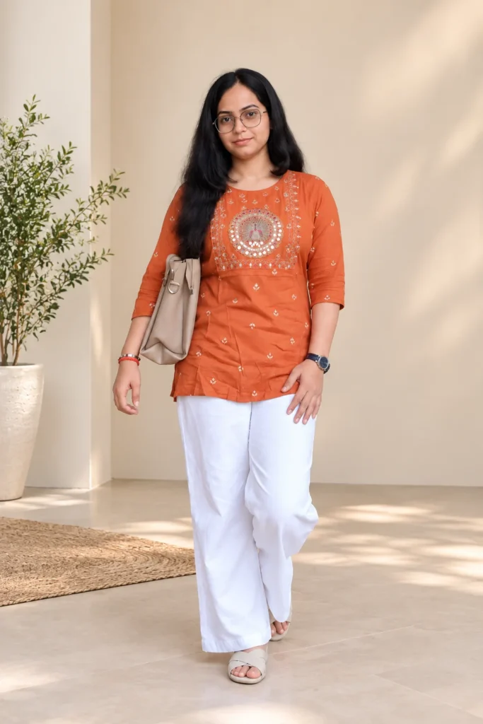 Rust orange embroidered short kurti for women