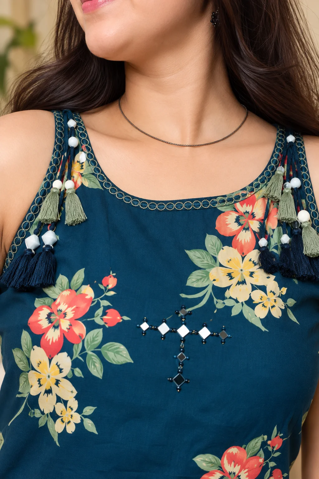 Teal Blue Floral Kurta Set - Image 4