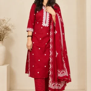 Red printed kurta pant suit set with dupatta for women