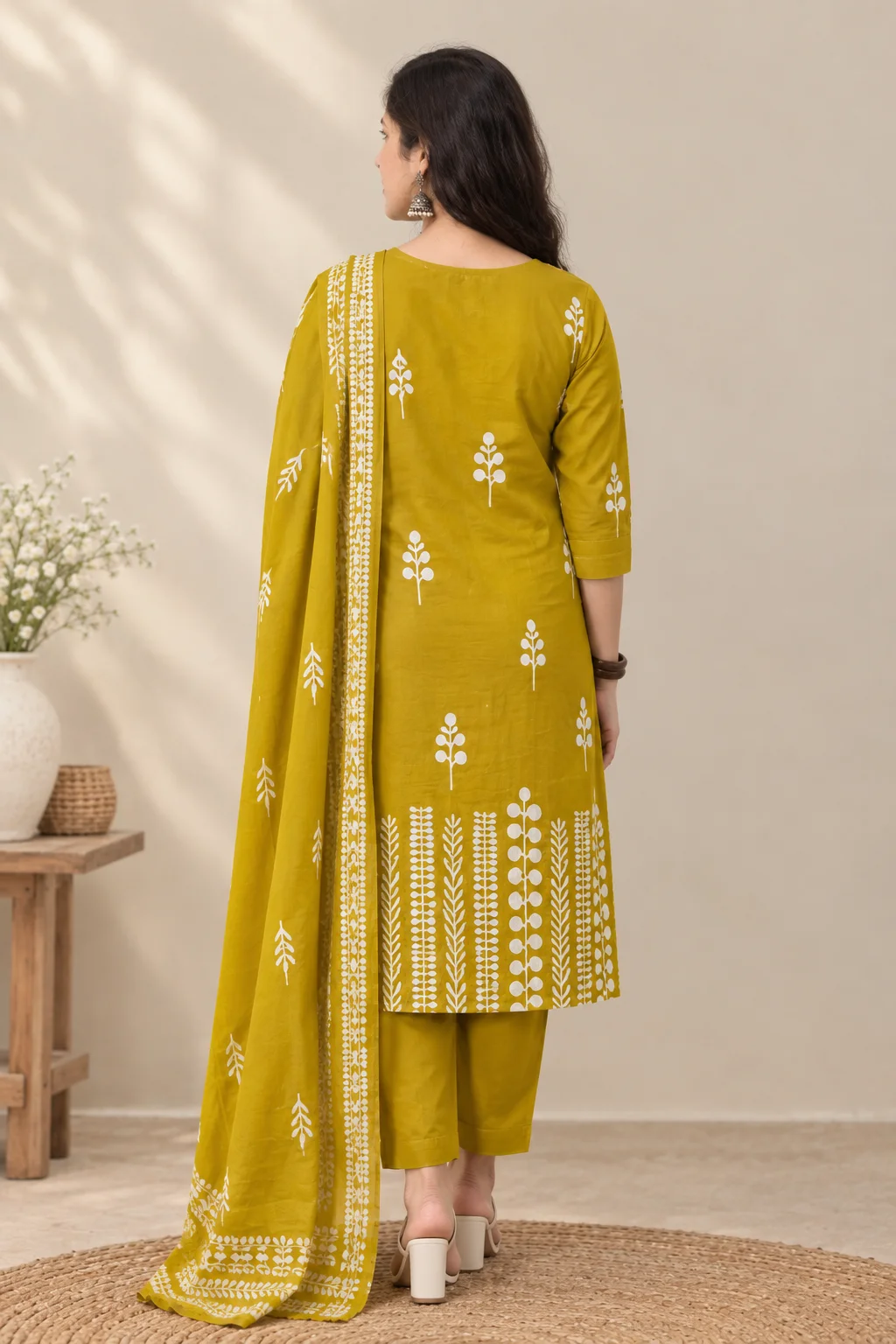 Mustard yellow floral printed kurta pant set with dupatta for women