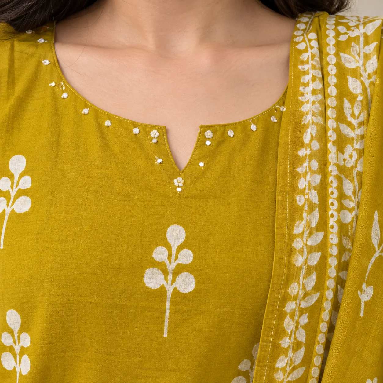Mustard yellow floral printed kurta pant set with dupatta for women