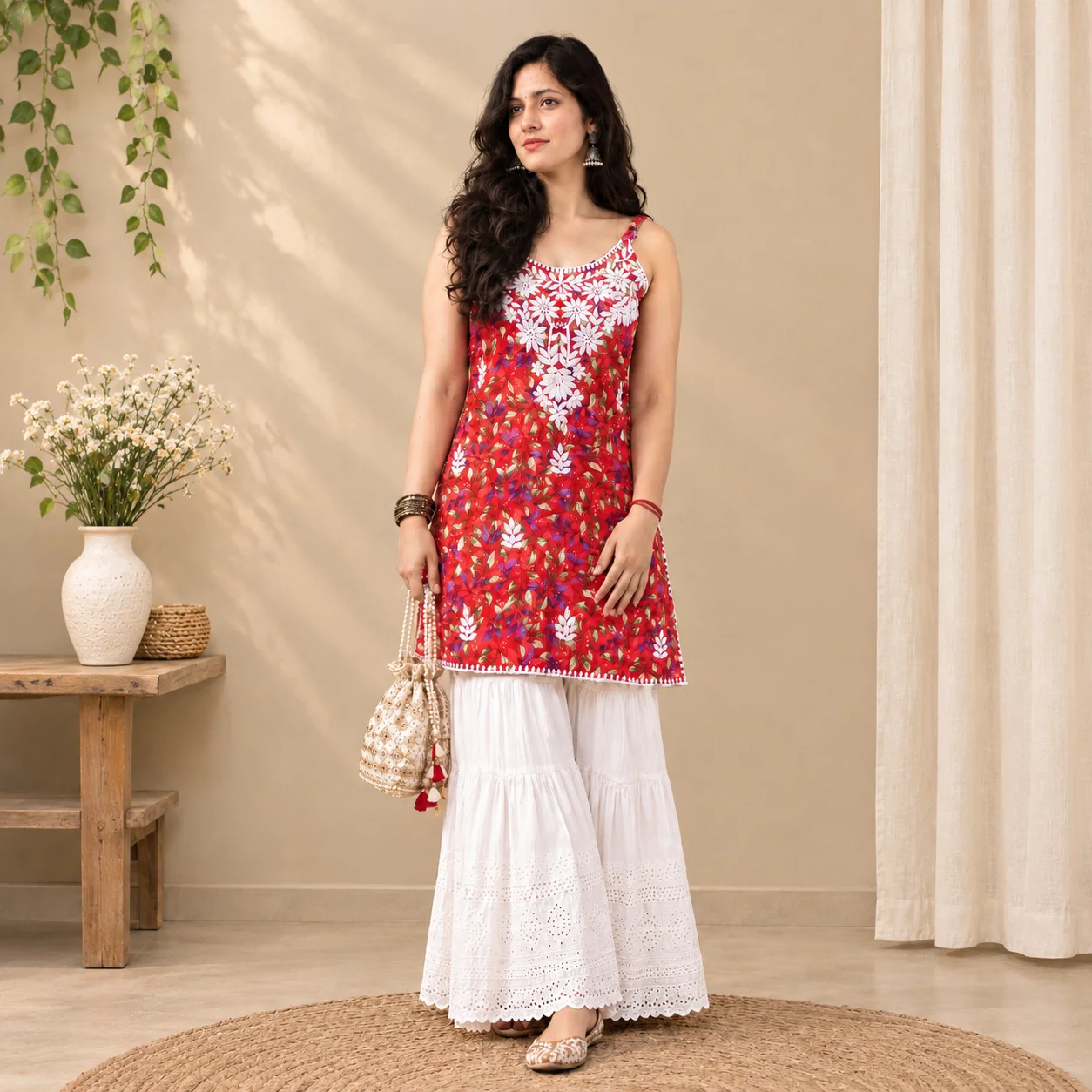 Red floral printed kurti with white sharara set for women