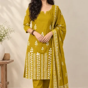 Mustard yellow floral printed kurta pant set with dupatta for women