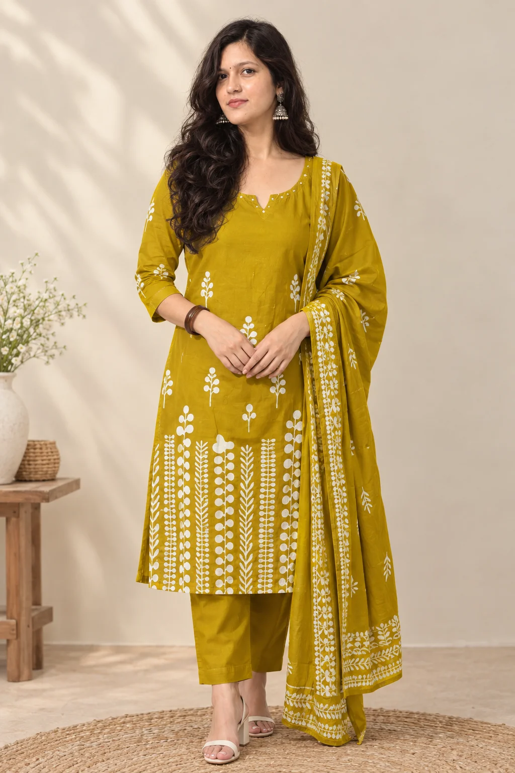 Mustard yellow floral printed kurta pant set with dupatta for women