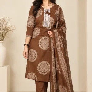 Brown printed kurta pant suit set with dupatta for women