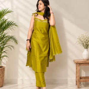 Olive green embroidered straight suit set for women