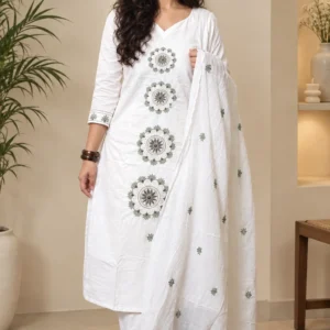 White floral embroidered kurta set with dupatta for women