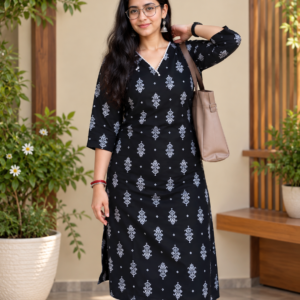 Black printed straight kurta set for women with white motifs
