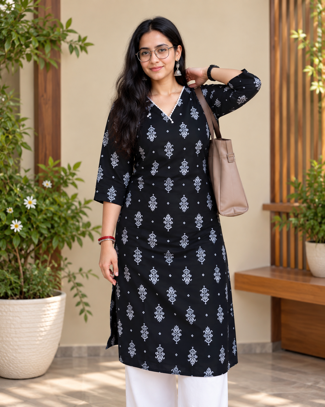 Black printed straight kurta set for women with white motifs