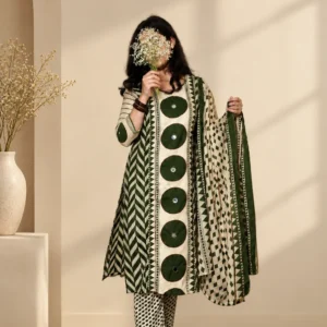 Olive green printed kurta pant suit set with dupatta for women