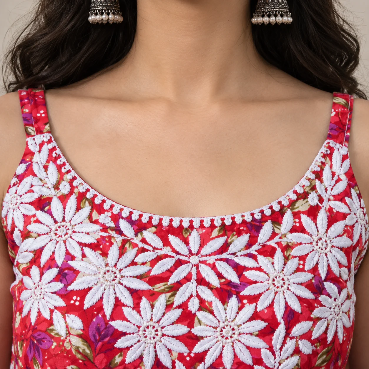 Red floral printed kurti with white sharara set for women