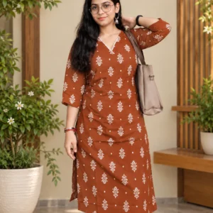 Rust Brown Floral Printed Straight Kurta for Women