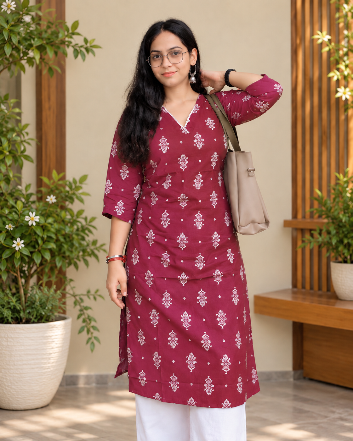 Maroon printed straight kurta set for women